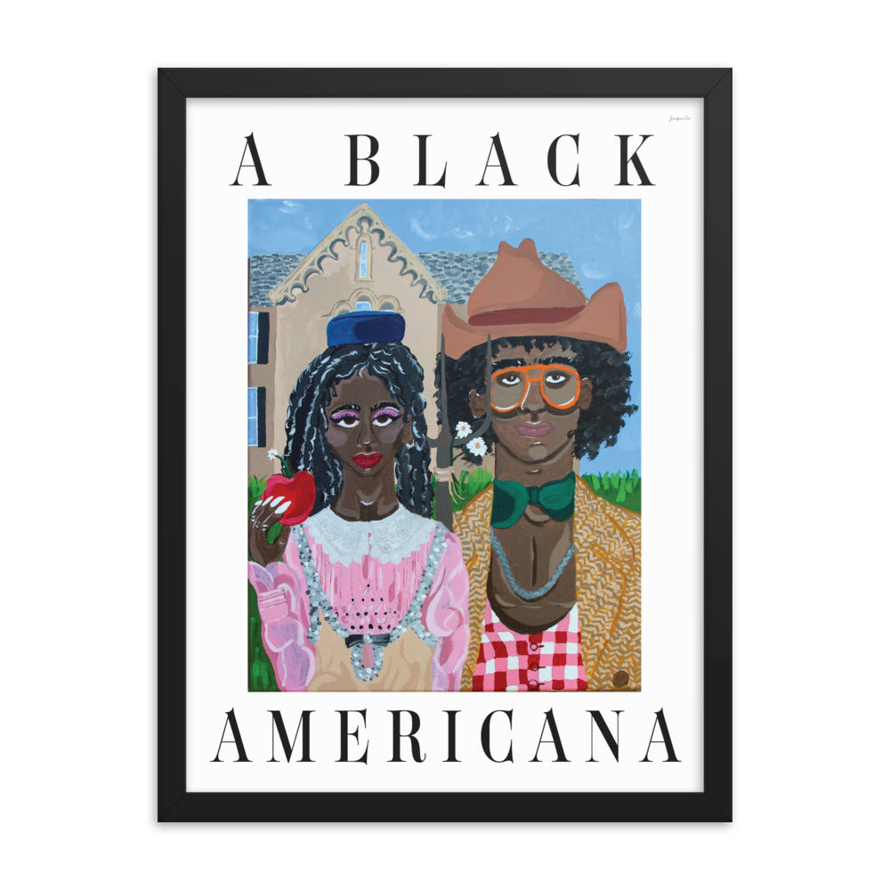 A painting reminiscent of the classic American Gothic, but with a Black couple wearing 'rural' outfits by Gucci and black text that reads “A Black Americana.” The reimagined American Gothic painting is inside of a large black frame.