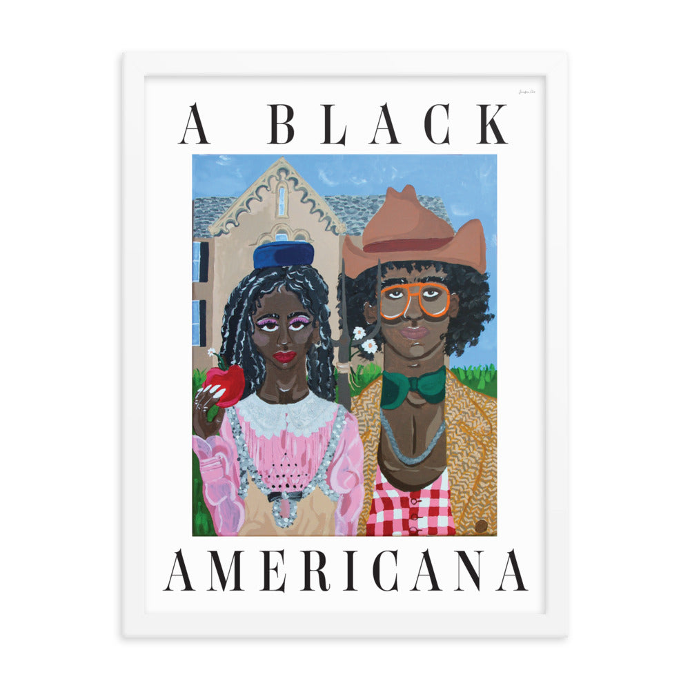 A painting reminiscent of the classic American Gothic, but with a Black couple wearing 'rural' outfits by Gucci and black text that reads “A Black Americana.” The reimagined American Gothic painting is inside of a large white frame.