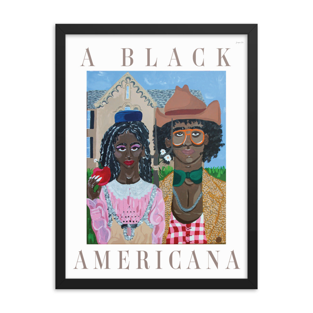 A painting reminiscent of the classic American Gothic, but with a Black couple wearing 'rural' outfits by Gucci and beige text that reads “A Black Americana.” The reimagined American Gothic painting is inside of a large black frame.
