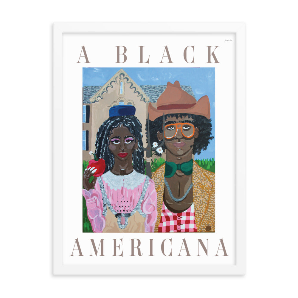 A painting reminiscent of the classic American Gothic, but with a Black couple wearing 'rural' outfits by Gucci and beige text that reads “A Black Americana.” The reimagined American Gothic painting is inside of a large white frame.