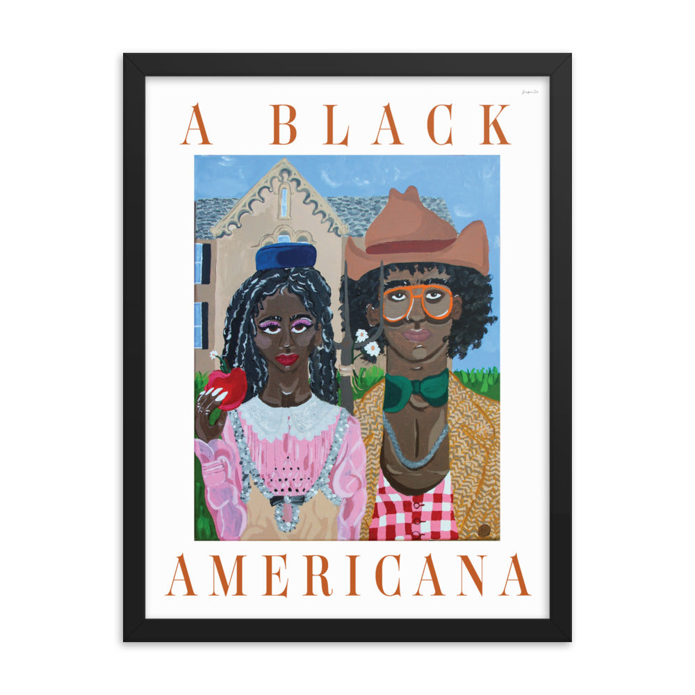 A painting reminiscent of the classic American Gothic, but with a Black couple wearing 'rural' outfits by Gucci and orange text that reads “A Black Americana.” The reimagined American Gothic painting is inside of a large black frame.