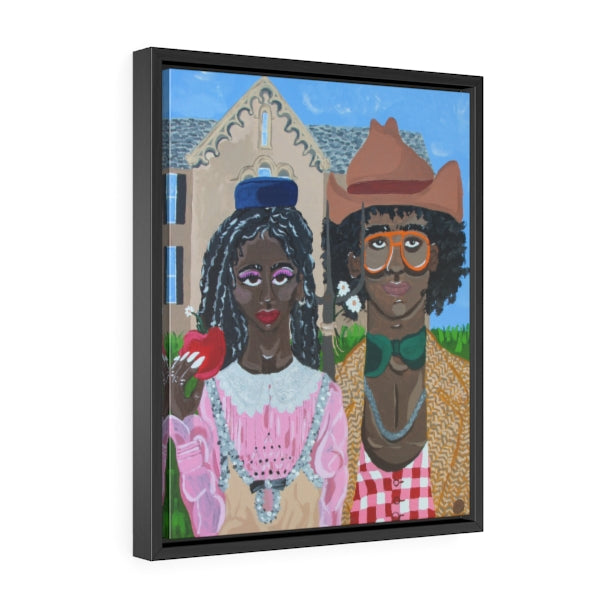 A large framed canvas with a painting reminiscent of the classic American Gothic, but with a Black couple wearing 'rural' outfits by Gucci