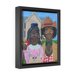 A small framed canvas with a painting reminiscent of the classic American Gothic, but with a Black couple wearing 'rural' outfits by Gucci