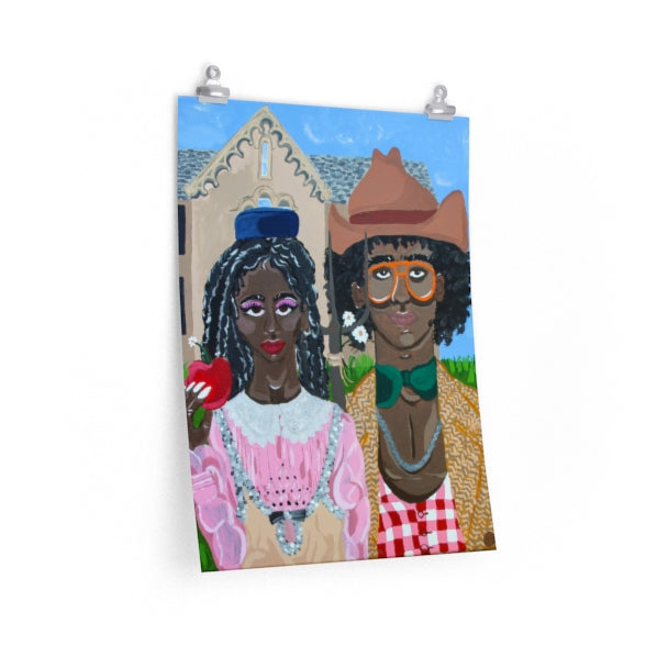 An 18 by 24 inch poster of a painting reminiscent of the classic American Gothic, but with a Black couple wearing 'rural' outfits by Gucci