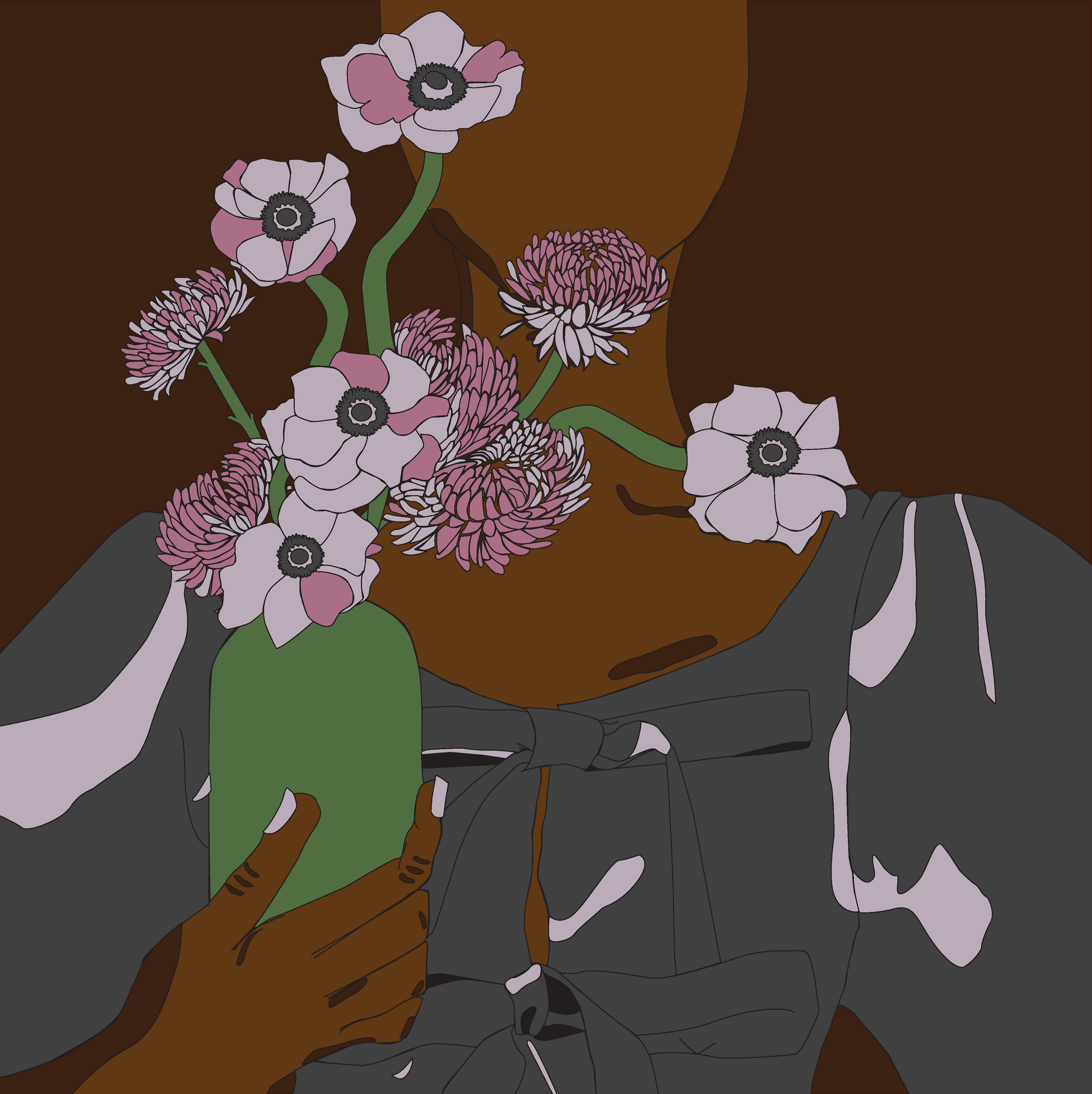A graphic illustration of a Black woman in a black top holding a green vase of pink flowers, with a brown background