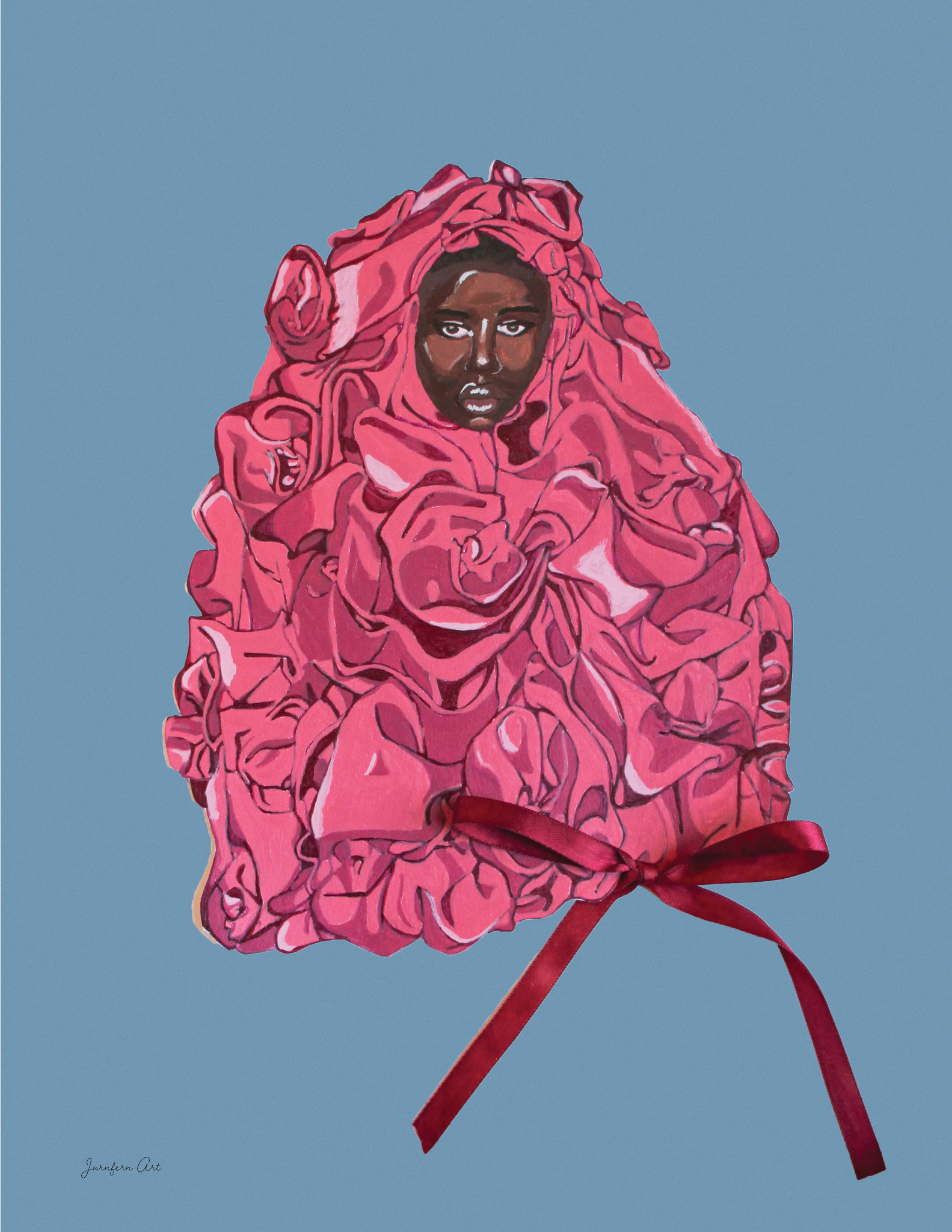 An art print with an illustration of Black supermodel Adut Akech wearing a pink Valentino gown with a bow on it, with a light blue background