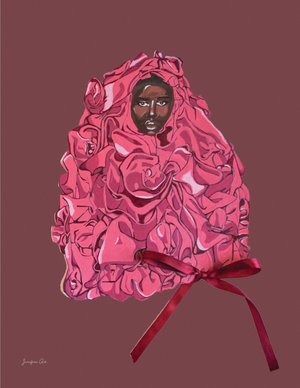 An art print with an illustration of Black supermodel Adut Akech wearing a pink Valentino gown with a bow on it, with a dark pink background