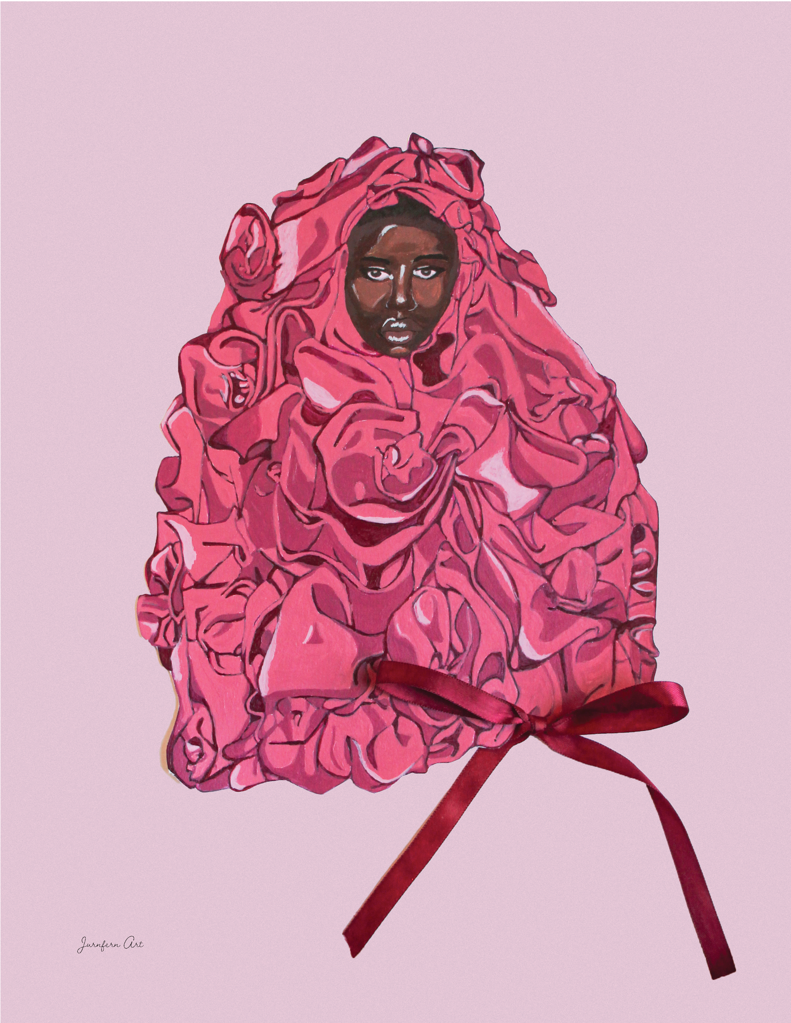An art print with an illustration of Black supermodel Adut Akech wearing a pink Valentino gown with a bow on it, with a light pink background