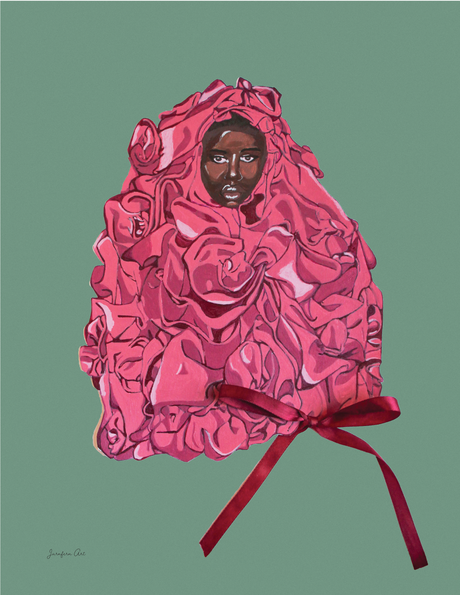 An art print with an illustration of Black supermodel Adut Akech wearing a pink Valentino gown with a bow on it, with a mint green background