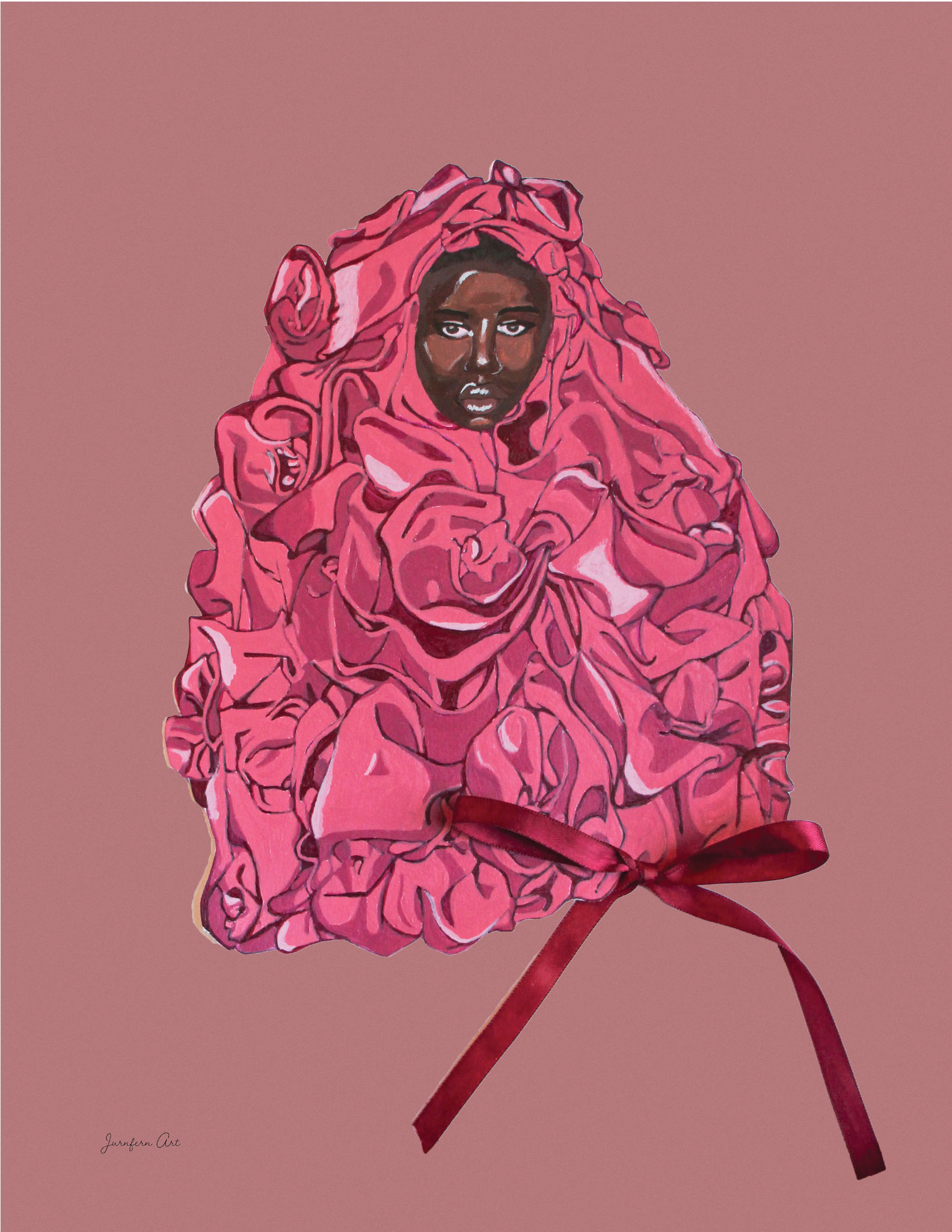 An art print with an illustration of Black supermodel Adut Akech wearing a pink Valentino gown with a bow on it, with a pink background
