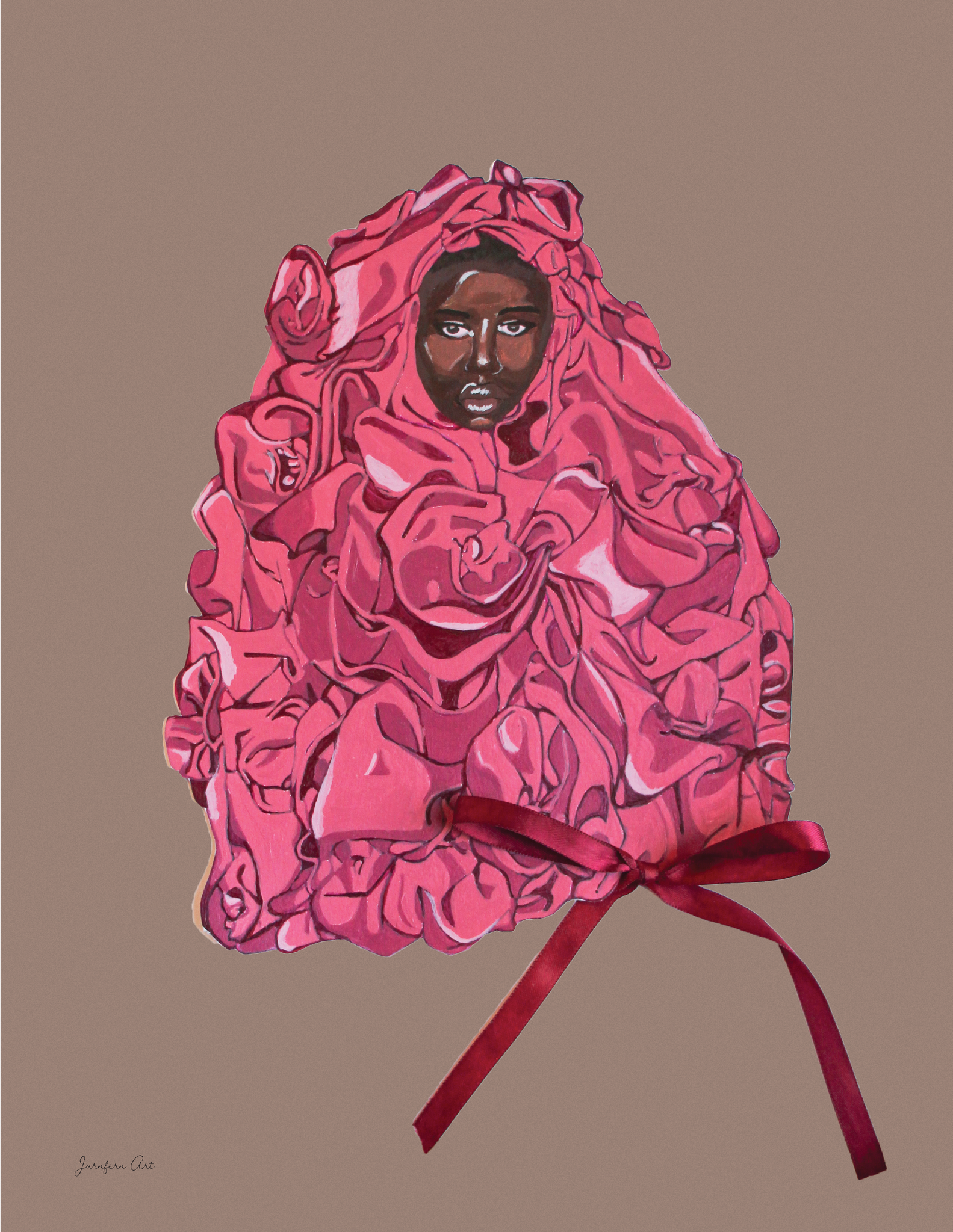 An art print with an illustration of Black supermodel Adut Akech wearing a pink Valentino gown with a bow on it, with a nude background color