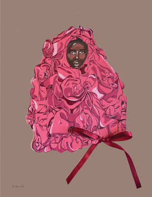 An art print with an illustration of Black supermodel Adut Akech wearing a pink Valentino gown with a bow on it, with a nude background color
