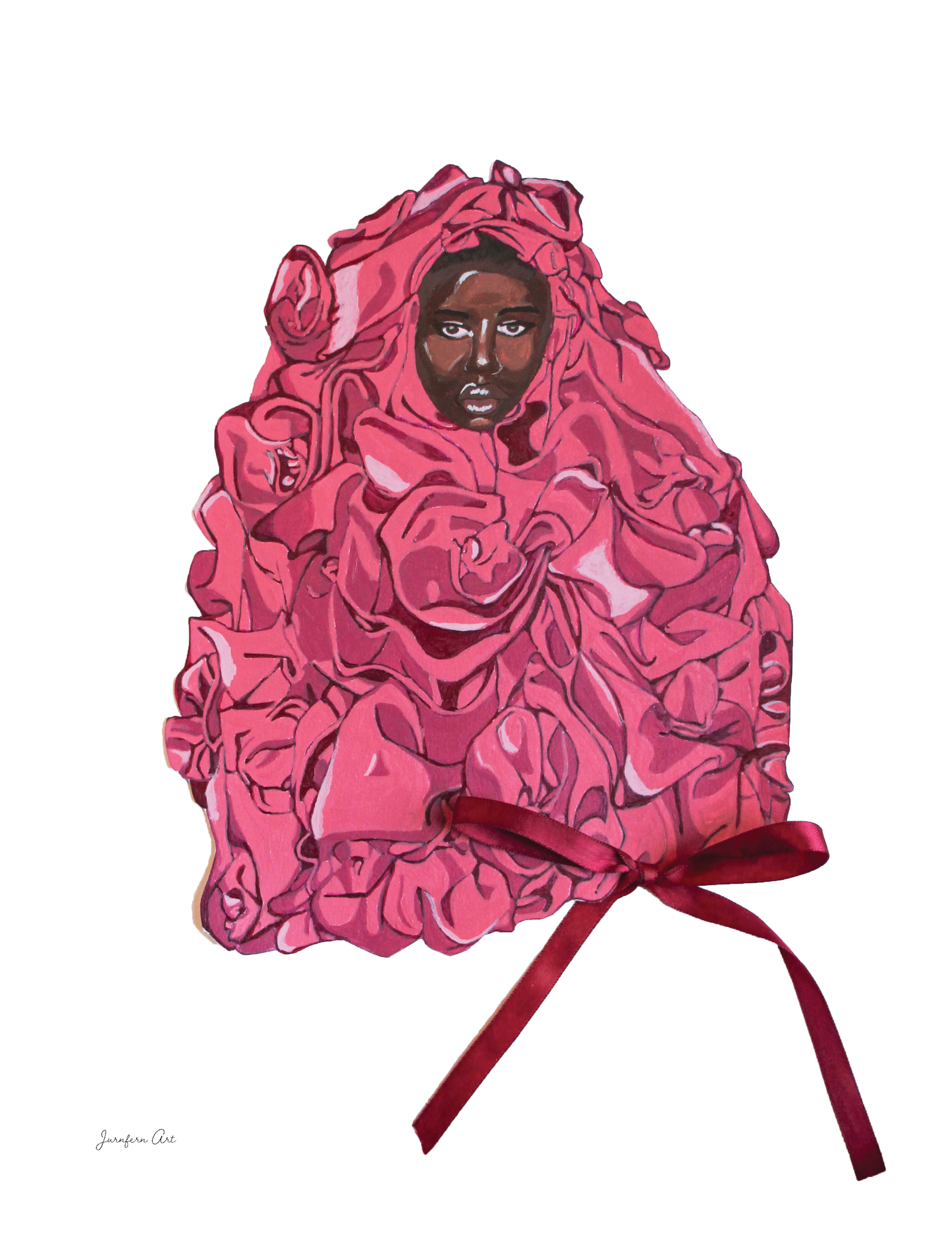 An art print with an illustration of Black supermodel Adut Akech wearing a pink Valentino gown with a bow on it, with a white background