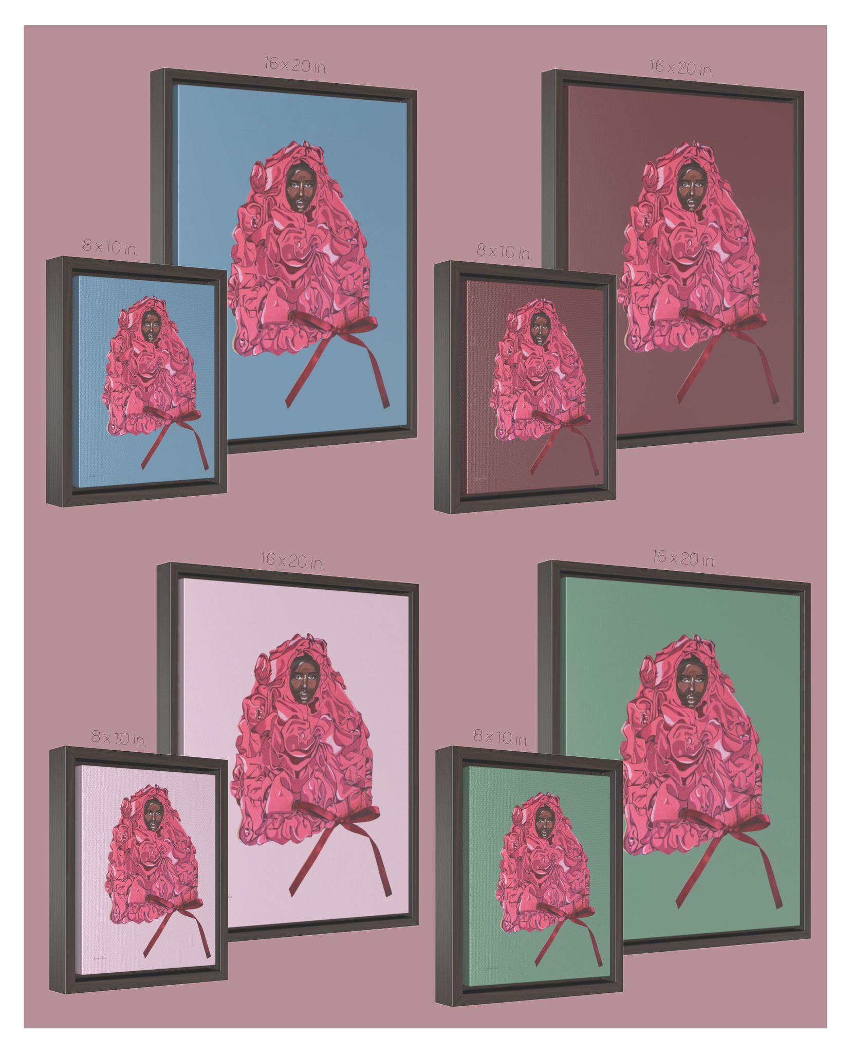 Two different size options and four different color options of the framed gallery wrap canvas featuring an illustration of model Adut Akech wearing a pink Valentino gown with a bow on it