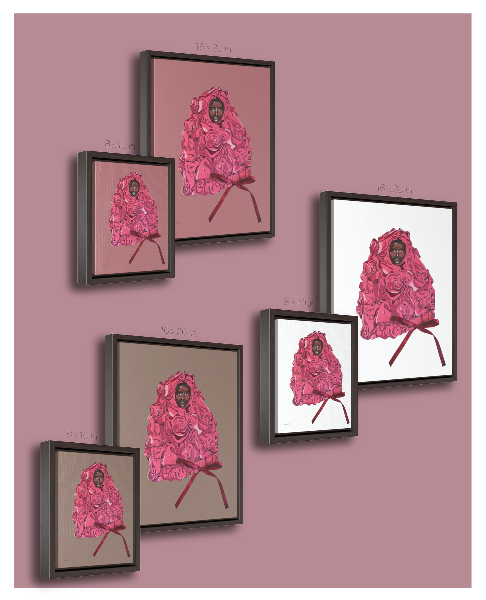 Two different size options and three different color options of the framed gallery wrap canvas featuring an illustration of Black supermodel Adut Akech wearing a pink Valentino gown with a bow on it