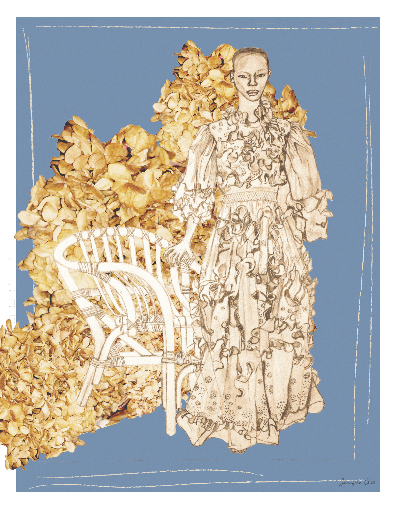 An illustration print with a light blue background and a drawing of Black model Shanelle Nyasiase posing next to a whicker chair in a long Valentino ruffled prairie dress, collaged with cut-out images of dried brown flowers