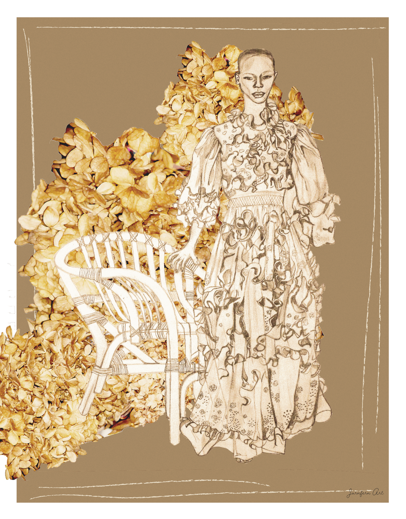 An illustration print with a light brown background and a drawing of Black model Shanelle Nyasiase posing next to a whicker chair in a long Valentino ruffled prairie dress, collaged with cut-out images of dried brown flowers
