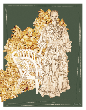 An illustration print with a dark green background and a drawing of Black model Shanelle Nyasiase posing next to a whicker chair in a long Valentino ruffled prairie dress, collaged with cut-out images of dried brown flowers