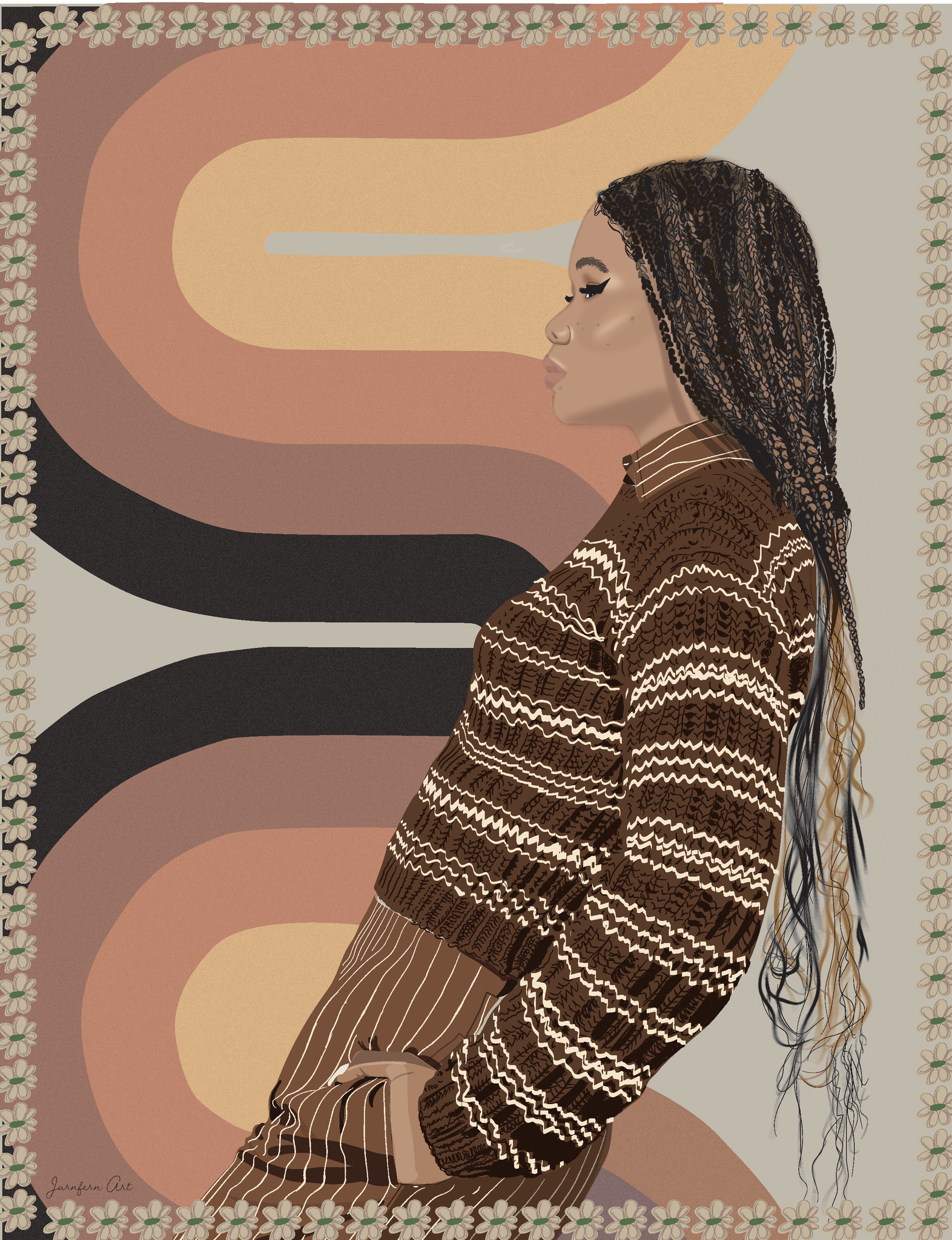 A graphic illustration of actress Storm Reid posing in front of a retro 70's wallpaper and wearing a brown and white striped knit sweater with brown pinstripe trousers, with a small repeating daisy border