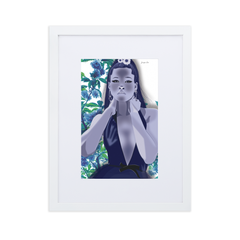 A graphic monochrome blue illustration of Storm Reid posing in a deep v-neck dress, with a blue floral background, inside of a white frame