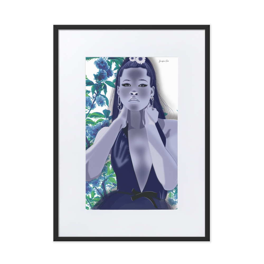 A graphic monochrome blue illustration of Storm Reid posing in a deep v-neck dress, with a blue floral background, inside of a black frame