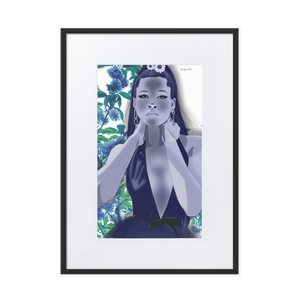 A graphic monochrome blue illustration of Storm Reid posing in a deep v-neck dress, with a blue floral background, inside of a black frame