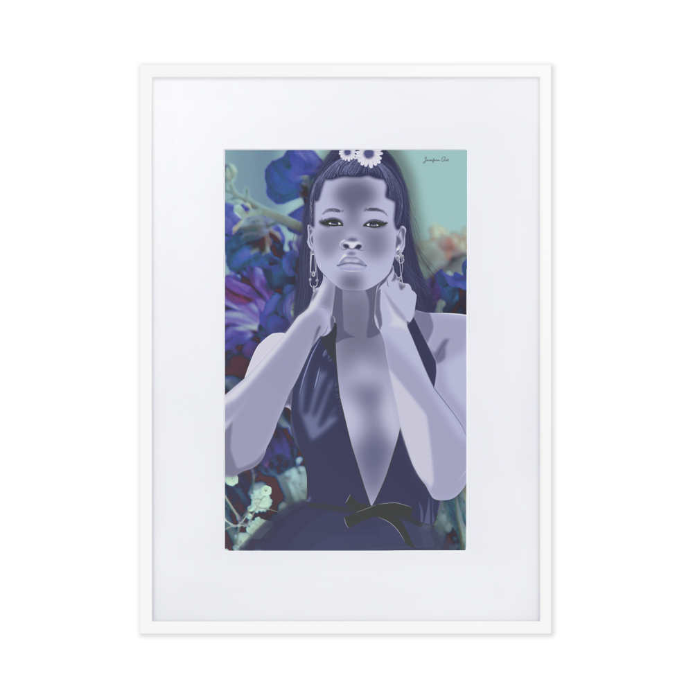 A graphic monochrome blue illustration of Storm Reid posing in a deep v-neck dress, with a blue and purple floral background, inside of a white frame