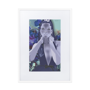 A graphic monochrome blue illustration of Storm Reid posing in a deep v-neck dress, with a blue and purple floral background, inside of a white frame