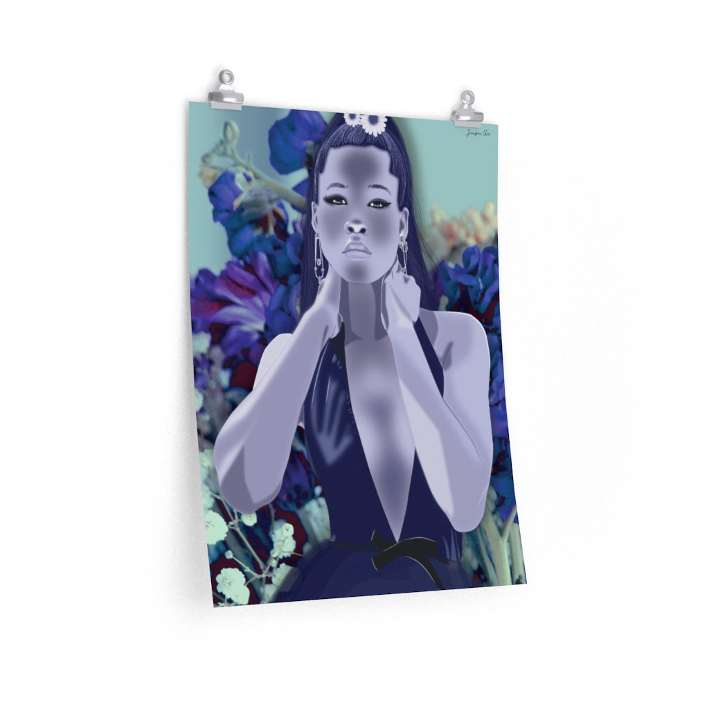 A 18 by 24 inch poster with a monochrome blue graphic illustration of Storm Reid posing in deep V-neck dress, with a photo of blue and purple flowers in the background