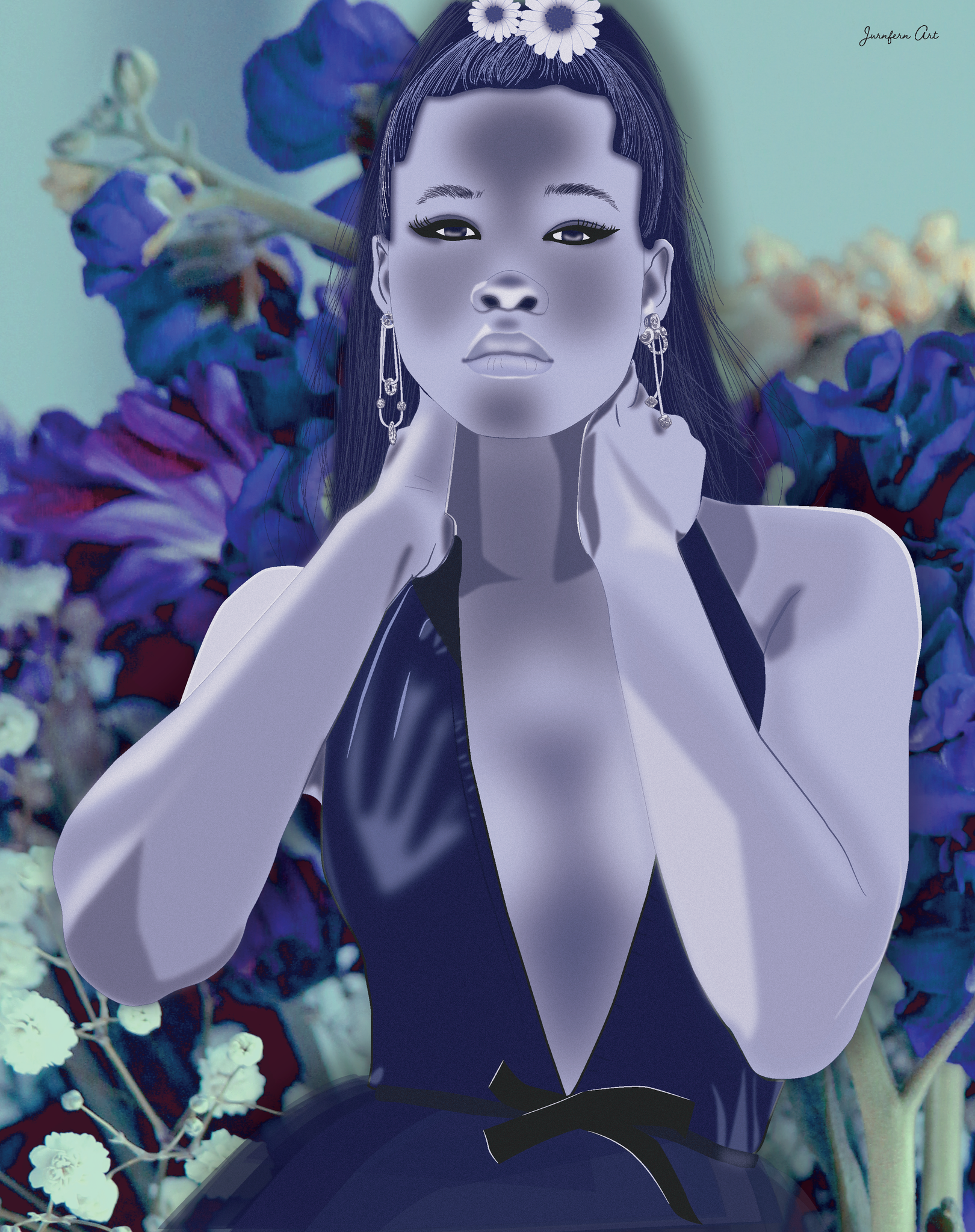 A digital illustration print of actress Storm Reid posing in a dark blue V-neck dress with daisies in her hair, and a blue and purple floral background