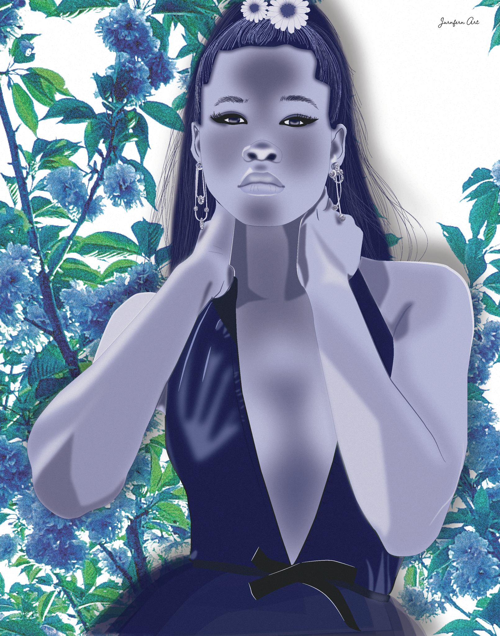 A digital illustration print of actress Storm Reid posing in a dark blue V-neck dress with daisies in her hair, and a blue floral background