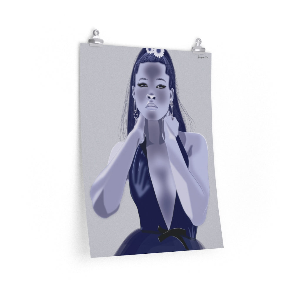 A 18 by 24 inch poster with a gray background and a monochrome blue graphic illustration of Strom Reid modeling a deep V-neck Miu Miu Dress and flowers in her hair