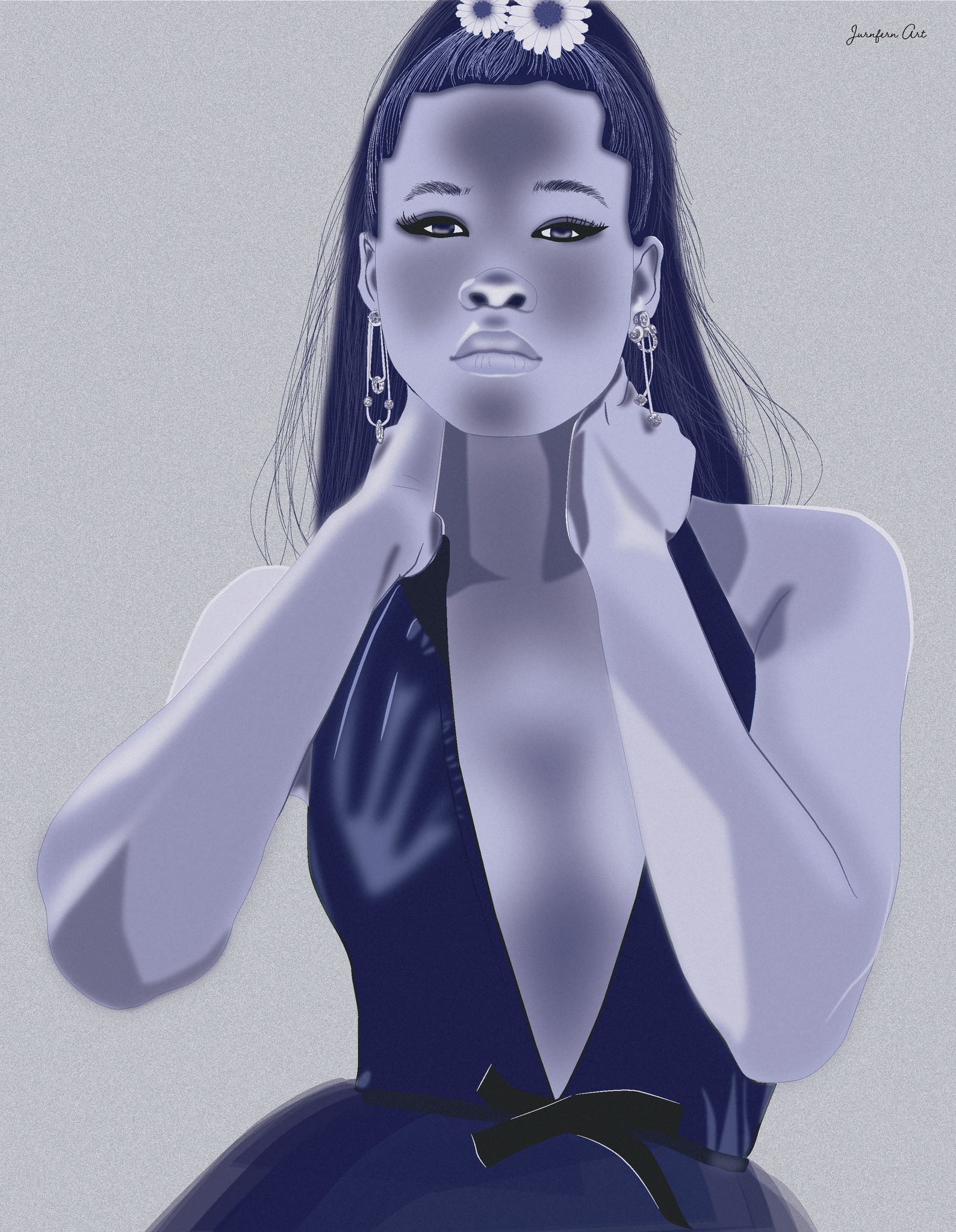 An illustration print with a gray background and a blue graphic illustration of actress Storm Reid wearing a deep V-neck dress and flowers in her hair