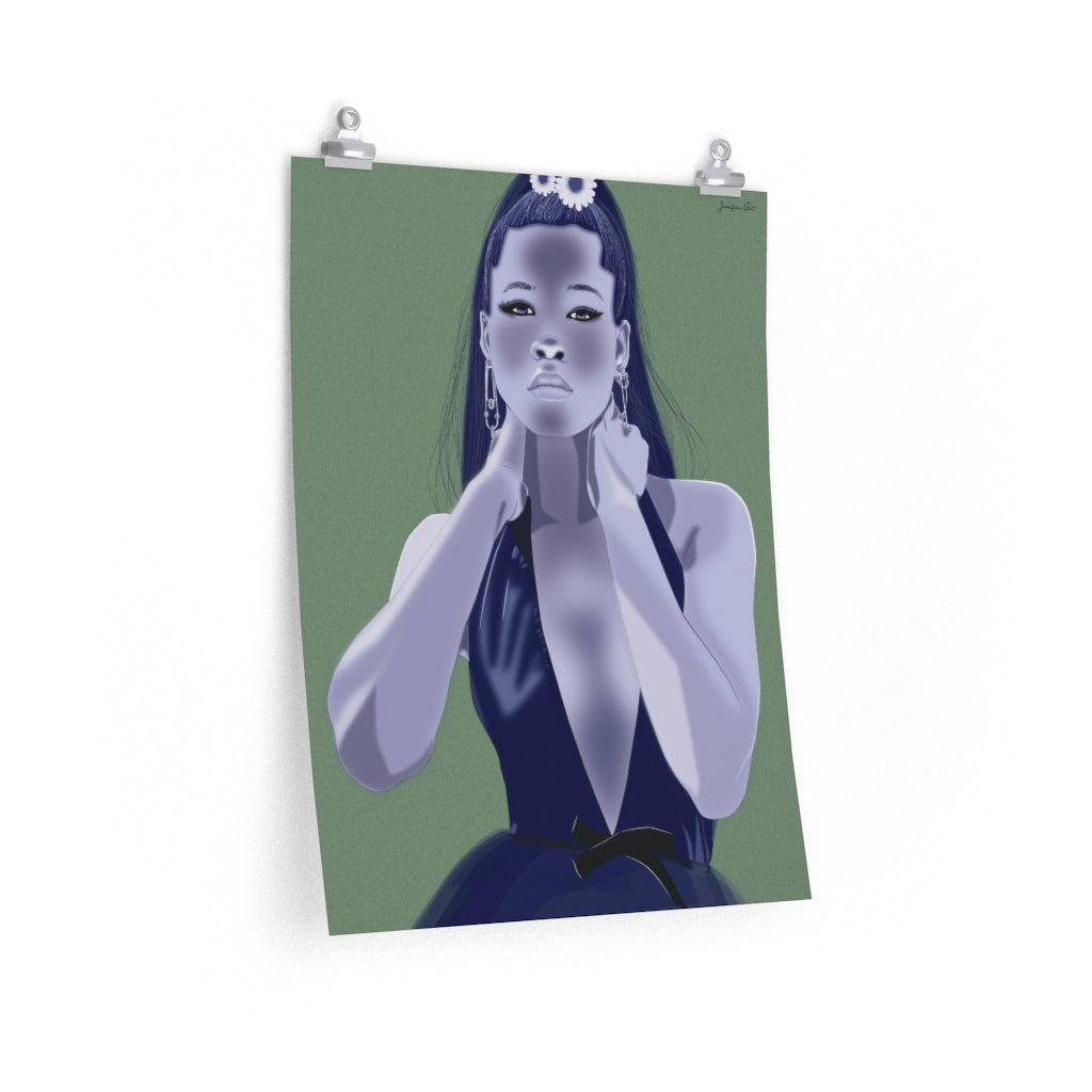 A 18 by 24 inch poster with a green background and a monochrome blue graphic illustration of Strom Reid modeling a deep V-neck Miu Miu Dress and flowers in her hair