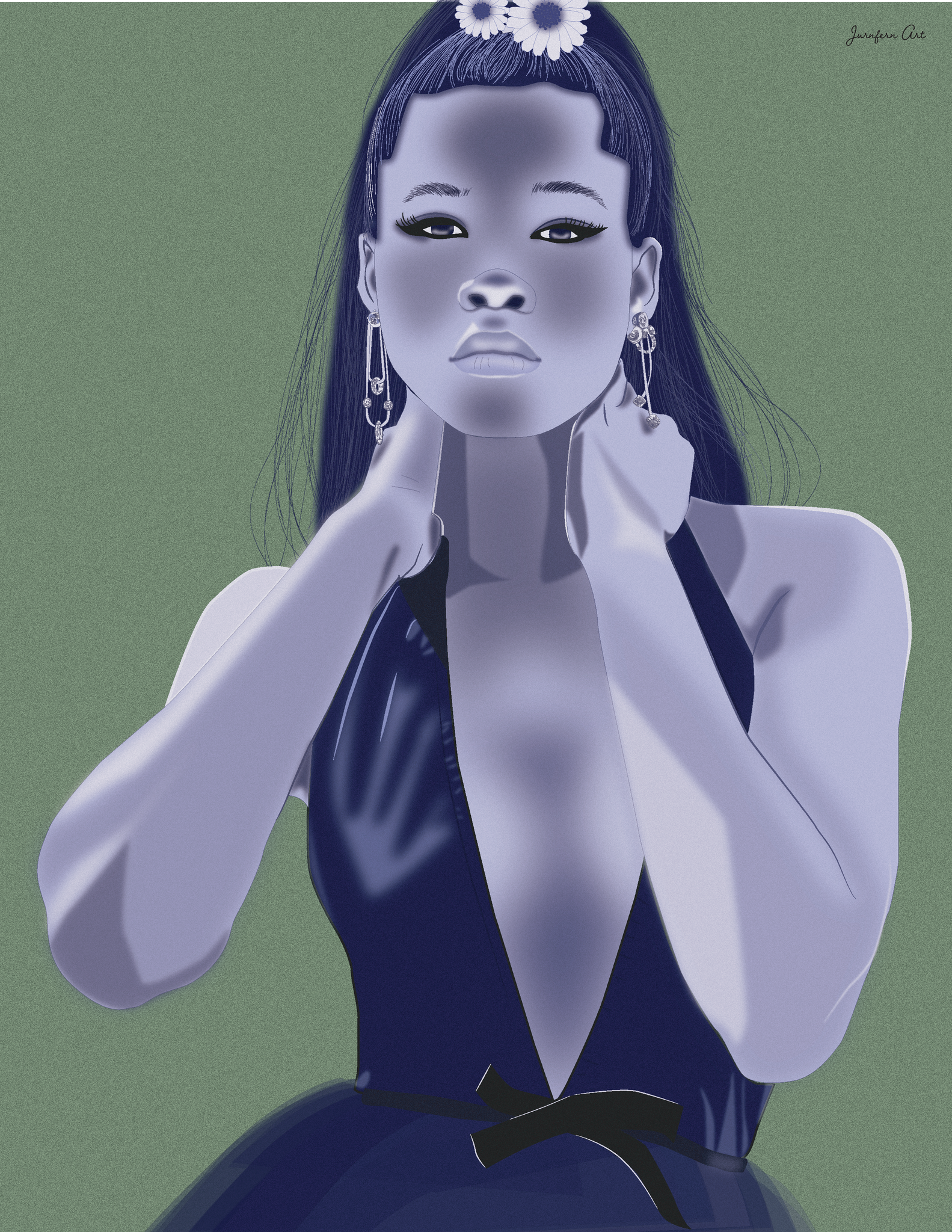 An illustration print with a green background and a blue graphic illustration of actress Storm Reid wearing a deep V-neck dress and flowers in her hair