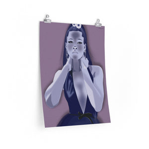 A 18 by 24 inch poster with a lavender background and a monochrome blue graphic illustration of Strom Reid modeling a deep V-neck Miu Miu Dress and flowers in her hair