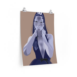 A 18 by 24 inch poster with a nude background and a monochrome blue graphic illustration of Strom Reid modeling a deep V-neck Miu Miu Dress and flowers in her hair
