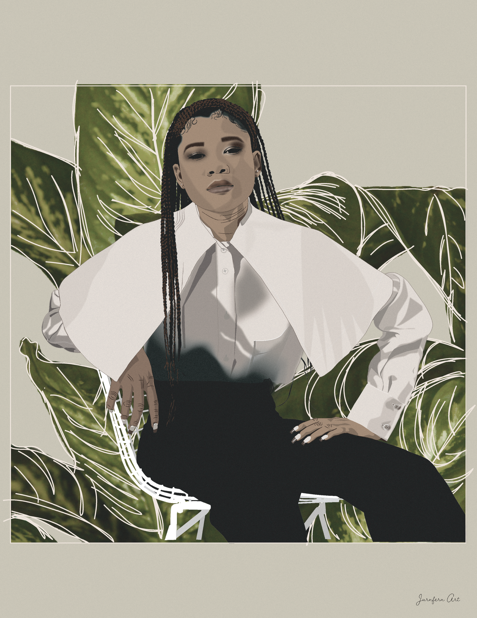 An illustration print with a beige background and a digital illustration of actress Storm Reid posing in a chair and wearing a white Nina Ricci blouse and black trousers with leaves behind her