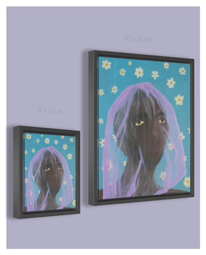 A chart showing two size options for a framed painting on canvas of a man wearing a purple veil over his head, with a blue background with white daisies