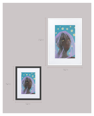 A chart showing two size options for a framed painting of a man wearing a purple veil over his head with a blue background with white daisies 