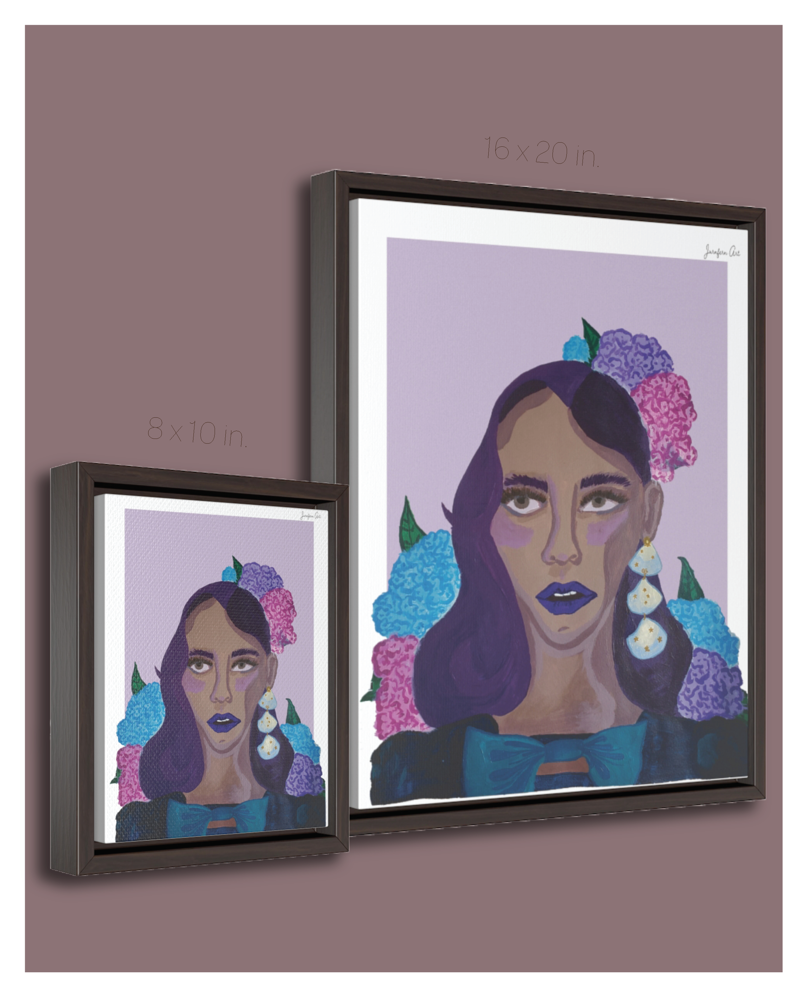 A chart showing two size options for a framed canvas illustration of a Black woman painted in purple hues and wearing a blue dress with a blow in front and hydrangea flowers in her hair