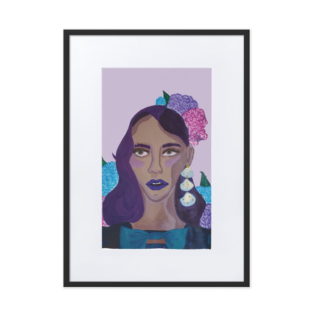 An illustration of a Black woman, painted in purple hues, wearing a blue velvet Gucci dress with a bow at the neck and pink and blue hydrangea flowers in her hair, inside of a black frame with a white mat boarder