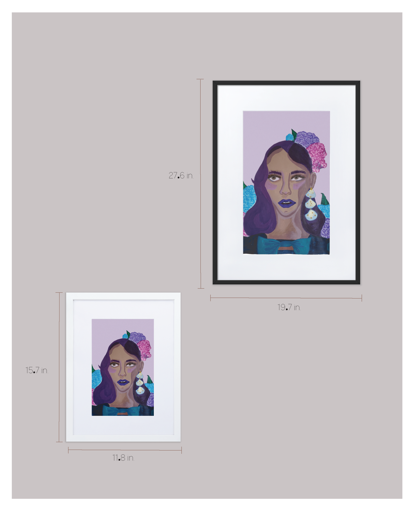 A chart showing the two size options for a framed illustration of a Black woman painted in purple hues and wearing a blue velvet dress and hydrangea flowers in her hair