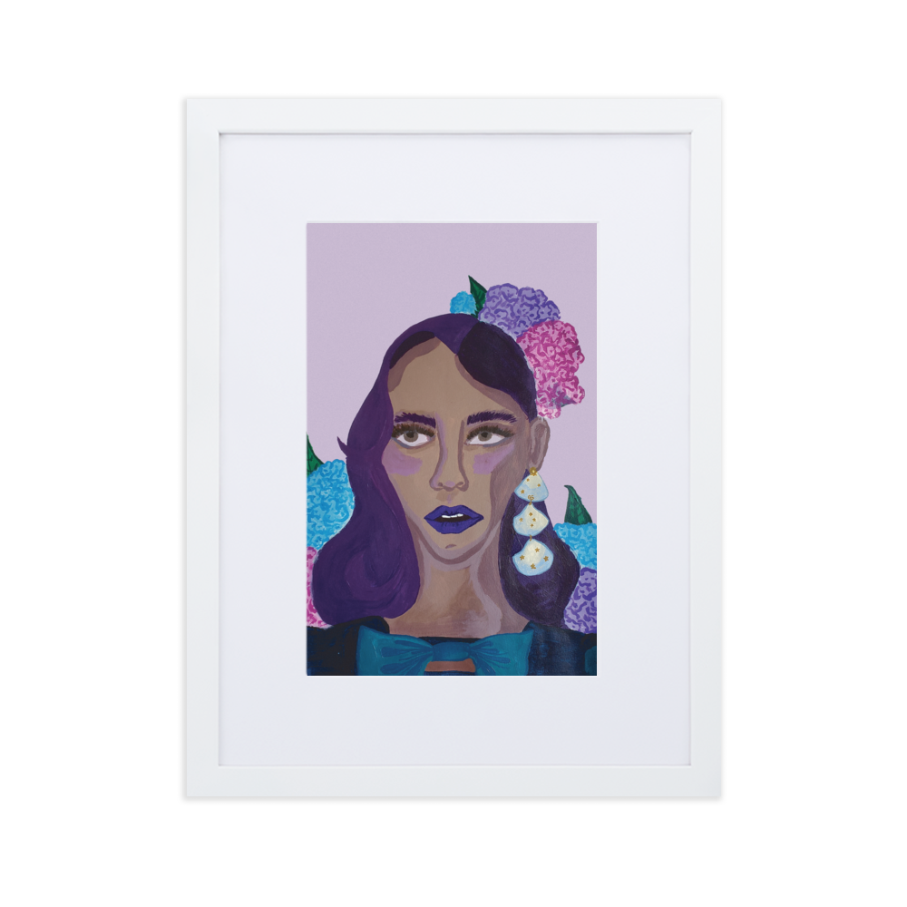 An illustration of a Black woman, painted in purple hues, wearing a blue velvet Gucci dress with a bow at the neck and pink and blue hydrangea flowers in her hair, inside of a white frame with a white mat boarder