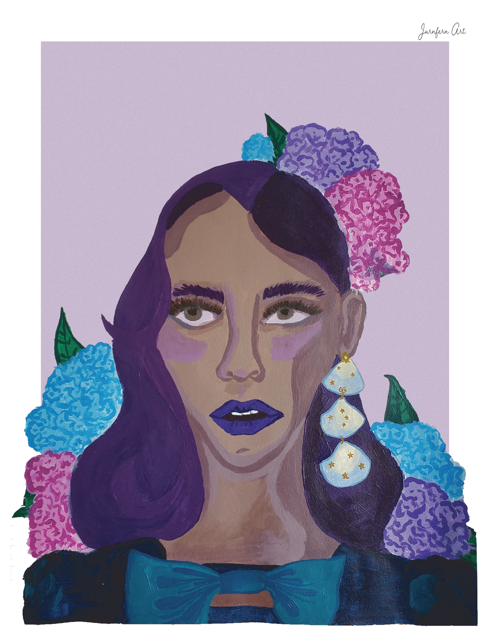 An illustration print of a portrait of a Black woman, painted in purple hues, wearing a blue velvet dress with a bow in the front and blue and pink hydrangeas in her hair