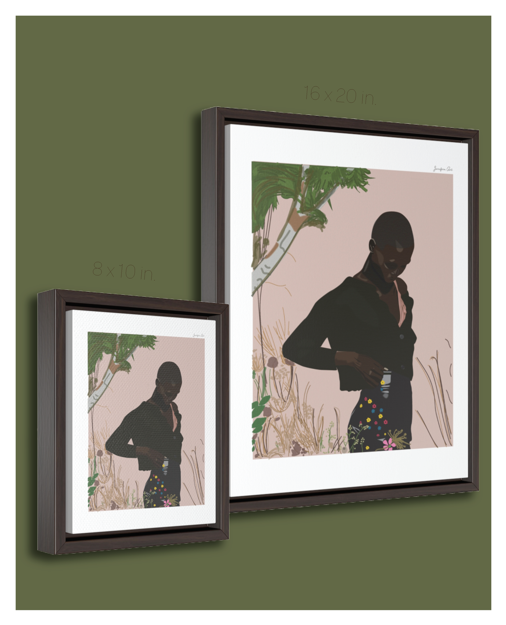 A framed canvas illustration of Black model Amar Akway posing in a garden in a Miu Miu sweater and skirt, shown here in two different sizes