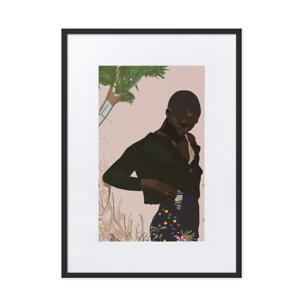 A black framed print with a white mat boarder and an illustration of Black model Amar Akway posing in a garden wearing a Miu Miu sweater and skirt