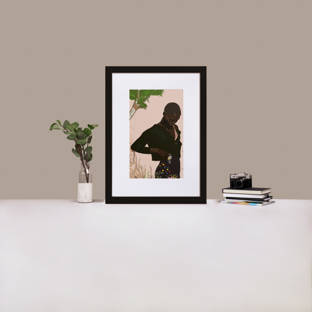 A digital fashion illustration of model Amar Akway posing in garden wearing a Miu Miu sweater and skirt, inside of a black frame standing on a white table next to a plant and a stack of books