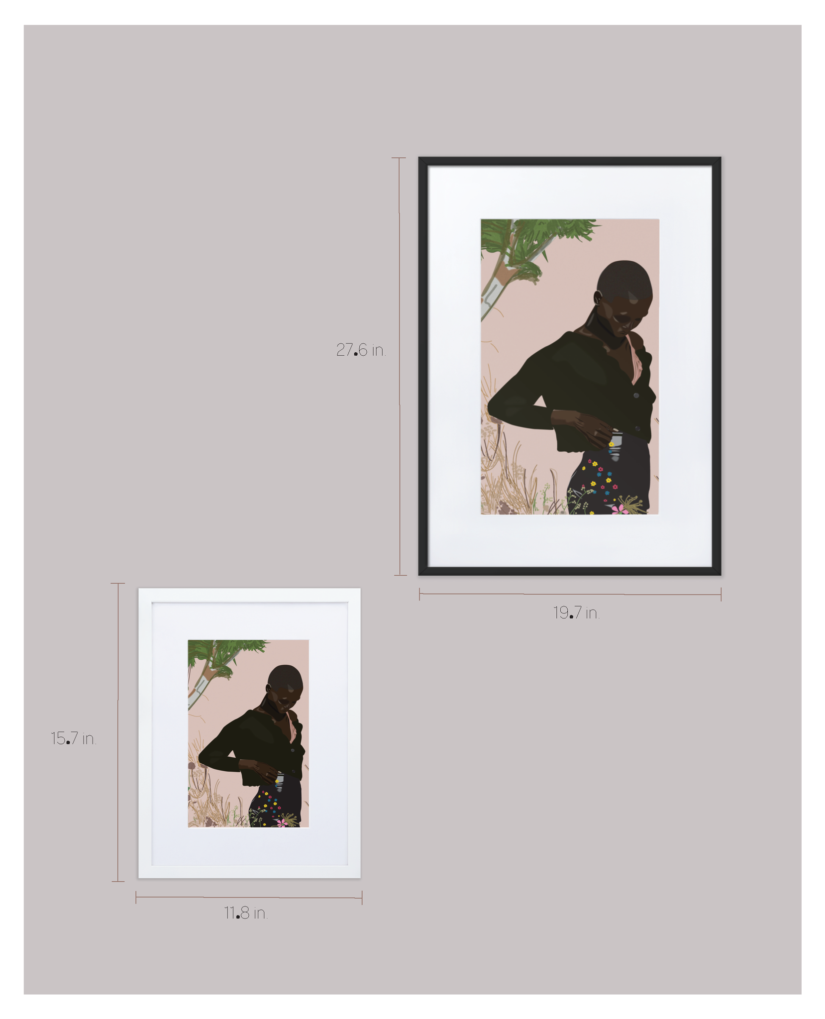A framed digital fashion illustration of Black model Amar Akway posing in a garden wearing a black Miu Miu sweater and skirt, shown here in two different sizes