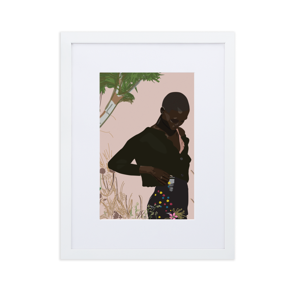A white framed print with a white mat boarder and an illustration of Black model Amar Akway posing in a black Miu Miu sweater and skirt